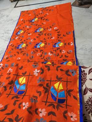 Sareesboutique.in Hand Paint and Embroidery Work on Orange Colour Bangladeshi Cotton with Blouse Piece 3