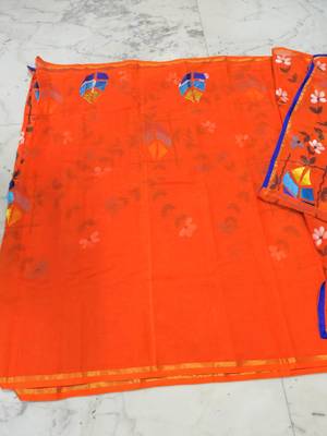 Sareesboutique.in Hand Paint and Embroidery Work on Orange Colour Bangladeshi Cotton with Blouse Piece 4