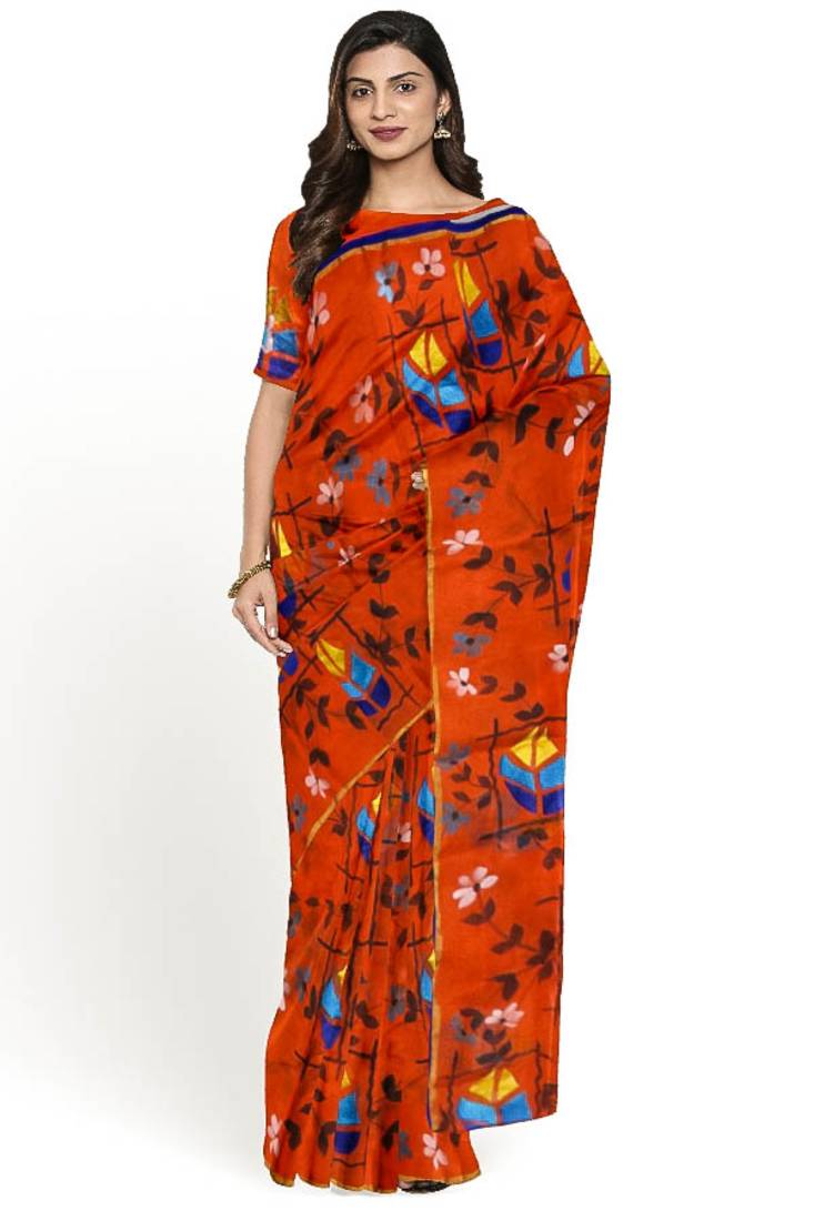 Sareesboutique.in Hand Paint and Embroidery Work on Orange Colour Bangladeshi Cotton with Blouse Piece