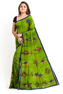 Sareesboutique.in Hand Paint and Embroidery Work on Green Colour Bangladeshi Cotton with Blouse Piece 1