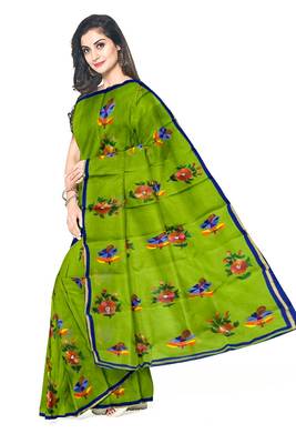 Sareesboutique.in Hand Paint and Embroidery Work on Green Colour Bangladeshi Cotton with Blouse Piece 2