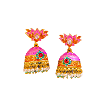 Pearls Pink Lotus Meenakari Traditional Jhumki Earring For Women & Girls   Pink Gold 1
