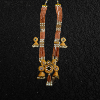 Gold Plated White & Yellow Stone & Beaded Handmade Meenakari Jewellery Set With Earings   Gold Peach Yellow 1