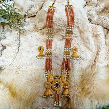 Gold Plated White & Yellow Stone & Beaded Handmade Meenakari Jewellery Set With Earings   Gold Peach Yellow 2