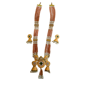 Gold Plated White & Yellow Stone & Beaded Handmade Meenakari Jewellery Set With Earings   Gold Peach Yellow 3