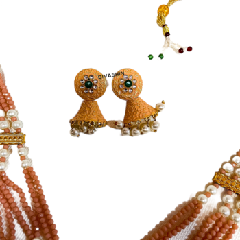 Gold Plated White & Yellow Stone & Beaded Handmade Meenakari Jewellery Set With Earings   Gold Peach Yellow 5