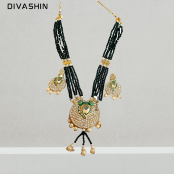 Kundan Long Gold Plated Ganesh Royal Traditional Pearl Design Jewel Set   Black Gold 1