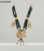 Kundan Long Gold Plated Ganesh Royal Traditional Pearl Design Jewel Set   Black Gold