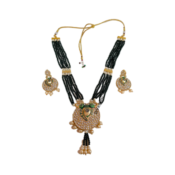 Kundan Long Gold Plated Ganesh Royal Traditional Pearl Design Jewel Set   Black Gold 2