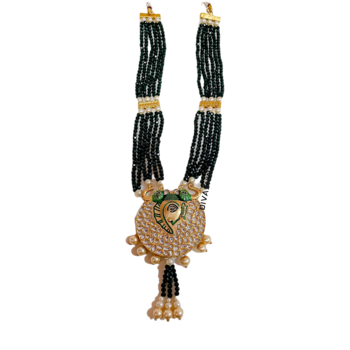 Kundan Long Gold Plated Ganesh Royal Traditional Pearl Design Jewel Set   Black Gold 3