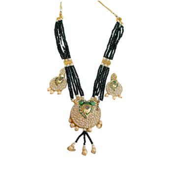 Kundan Long Gold Plated Ganesh Royal Traditional Pearl Design Jewel Set   Black Gold 5