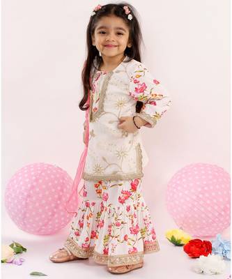 Little Bansi Full Sleeves Floral Print Kurta With Sharara & Dupatta   White 1