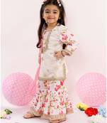 Little Bansi Full Sleeves Floral Print Kurta With Sharara & Dupatta   White