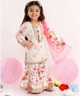 Little Bansi Full Sleeves Floral Print Kurta With Sharara & Dupatta   White 2