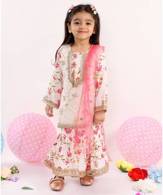 Little Bansi Full Sleeves Floral Print Kurta With Sharara & Dupatta   White 3