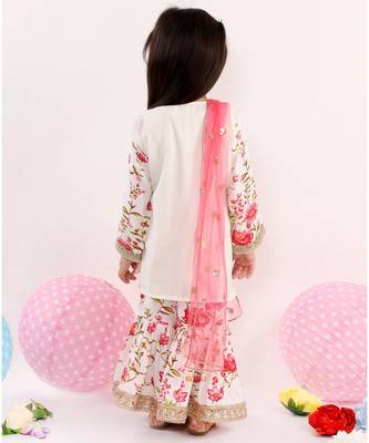 Little Bansi Full Sleeves Floral Print Kurta With Sharara & Dupatta   White 4