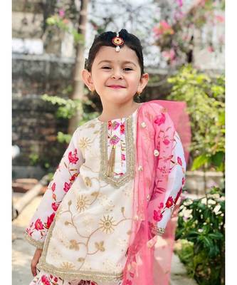 Little Bansi Full Sleeves Floral Print Kurta With Sharara & Dupatta   White 5