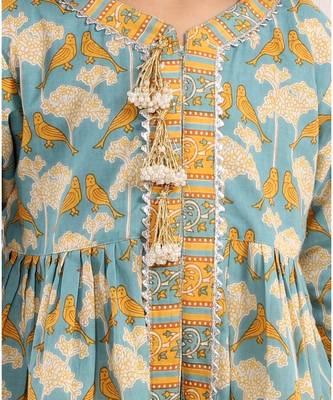 Little Bansi Full Sleeves Bird Printed Kurta With Sharara & Dupatta   Blue 2