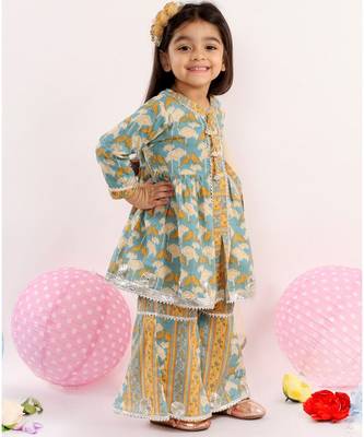 Little Bansi Full Sleeves Bird Printed Kurta With Sharara & Dupatta   Blue 3