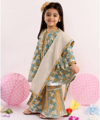 Little Bansi Full Sleeves Bird Printed Kurta With Sharara & Dupatta   Blue 4