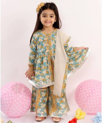 Little Bansi Full Sleeves Bird Printed Kurta With Sharara & Dupatta   Blue 1