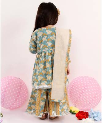 Little Bansi Full Sleeves Bird Printed Kurta With Sharara & Dupatta   Blue 5