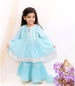Little Bansi Full Sleeves Zardosi Work Kurti With Sharara & Dupatta   Blue