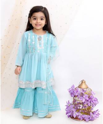 Little Bansi Full Sleeves Zardosi Work Kurti With Sharara & Dupatta   Blue 2