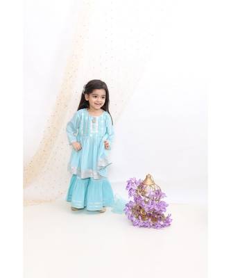 Little Bansi Full Sleeves Zardosi Work Kurti With Sharara & Dupatta   Blue 3
