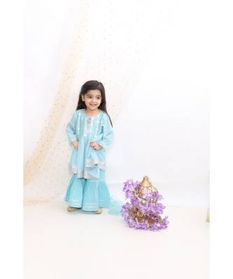Little Bansi Full Sleeves Zardosi Work Kurti With Sharara & Dupatta   Blue 4