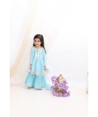 Little Bansi Full Sleeves Zardosi Work Kurti With Sharara & Dupatta   Blue 5