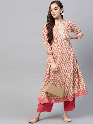 Beige printed cotton kurtas-and-kurtis 3