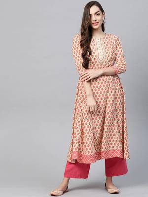 Beige printed cotton kurtas-and-kurtis 5