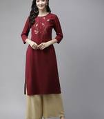 Maroon embroidered cotton kurtas-and-kurtis