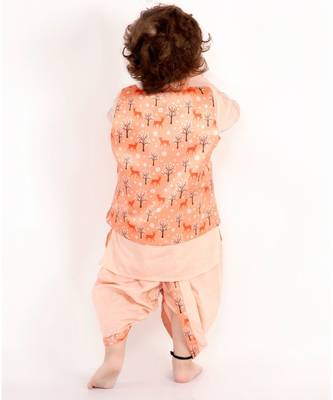 Little Bansi Full Sleeves Kurta With Deer Printed Waistcoat & Dhoti Set   Peach 2