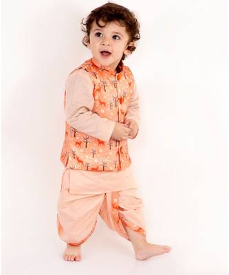 Little Bansi Full Sleeves Kurta With Deer Printed Waistcoat & Dhoti Set   Peach 3
