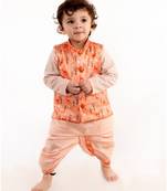 Little Bansi Full Sleeves Kurta With Deer Printed Waistcoat & Dhoti Set   Peach