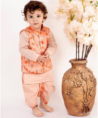 Little Bansi Full Sleeves Kurta With Deer Printed Waistcoat & Dhoti Set   Peach 4