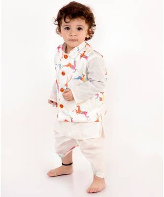 Little Bansi Full Sleeves Kurta With Deer Printed Jacket & Dhoti   White 3