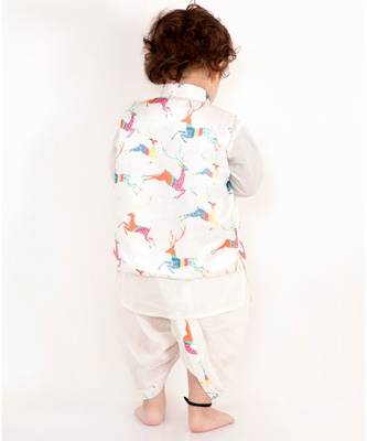 Little Bansi Full Sleeves Kurta With Deer Printed Jacket & Dhoti   White 4
