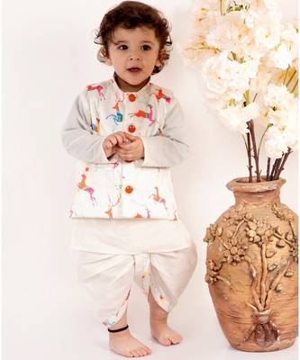 Little Bansi Full Sleeves Kurta With Deer Printed Jacket & Dhoti   White 1