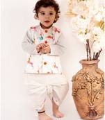 Little Bansi Full Sleeves Kurta With Deer Printed Jacket & Dhoti   White