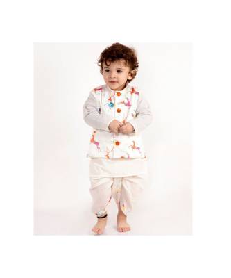 Little Bansi Full Sleeves Kurta With Deer Printed Jacket & Dhoti   White 5