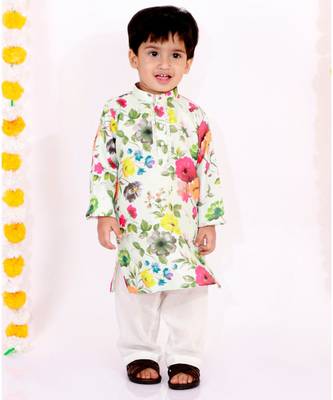 Little Bansi Full Sleeves Floral Print Kurta With Pajama   Green 1
