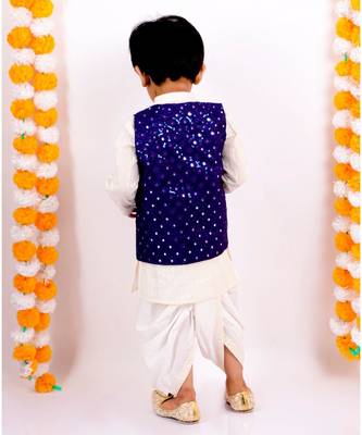 Little Bansi Full Sleeves Kurta With Mirror Work Jacket & Dhoti   Blue & Cream 2