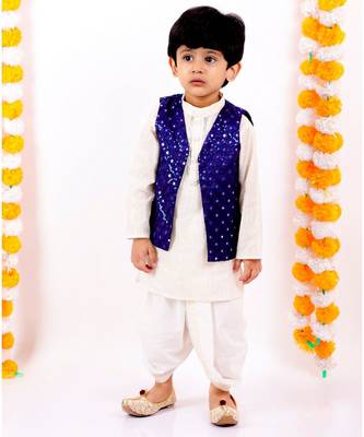 Little Bansi Full Sleeves Kurta With Mirror Work Jacket & Dhoti   Blue & Cream 3