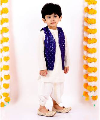 Little Bansi Full Sleeves Kurta With Mirror Work Jacket & Dhoti   Blue & Cream 1