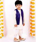 Little Bansi Full Sleeves Kurta With Mirror Work Jacket & Dhoti   Blue & Cream