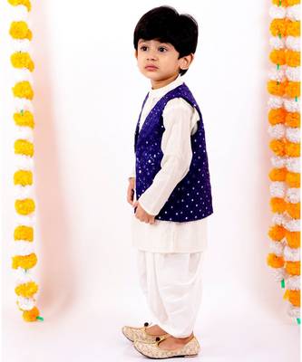 Little Bansi Full Sleeves Kurta With Mirror Work Jacket & Dhoti   Blue & Cream 4
