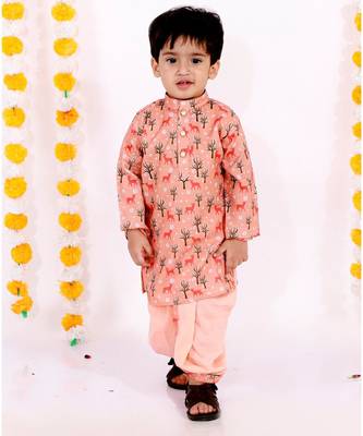 Little Bansi Full Sleeves Deer Print Kurta With Dhoti   Peach 1